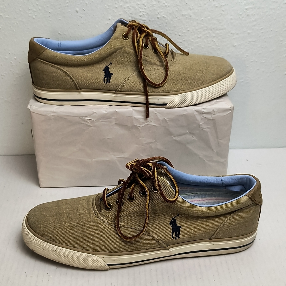 Polo Ralph Lauren Vaughn Men's 10.5D Tan Brown Classic Canvas Sneaker Shoes